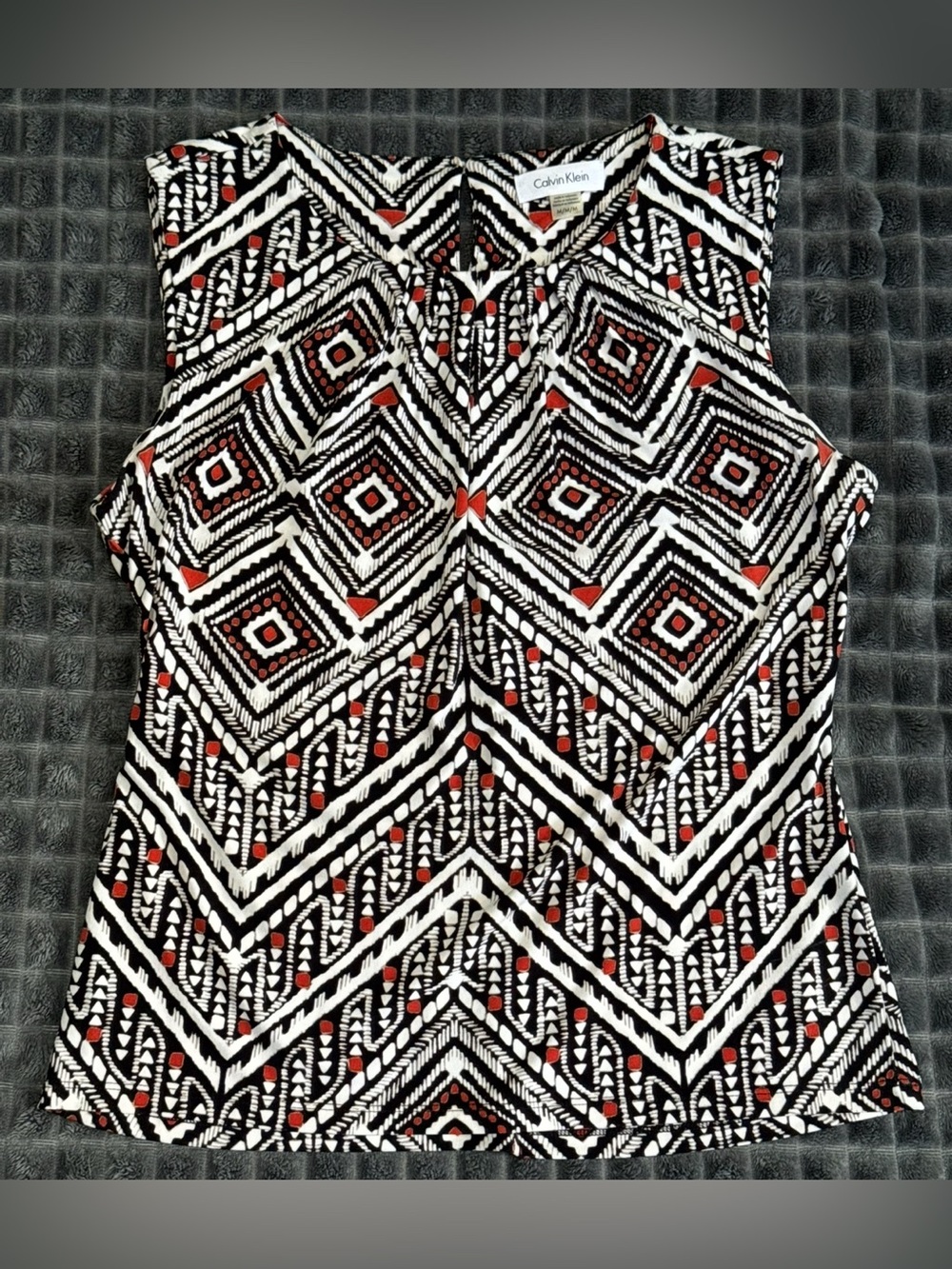 Calvin Klein Med Black Rust Orange Red Print Sleeveless Top Blouse Accents (B7) - Picture 6 of 6